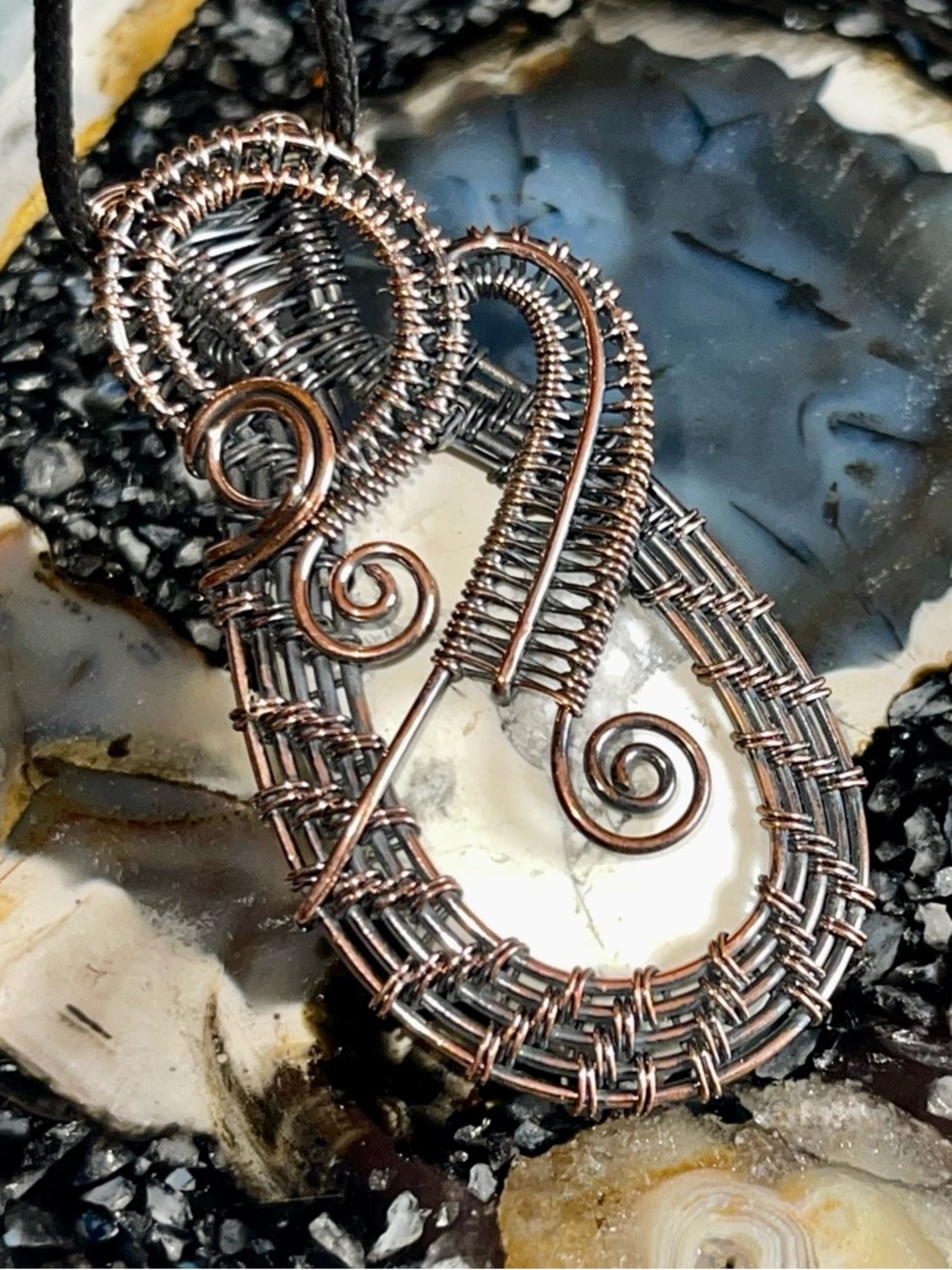 Copper Wire- Wrapped White & Gray Howlite Pendant 2 1/2”